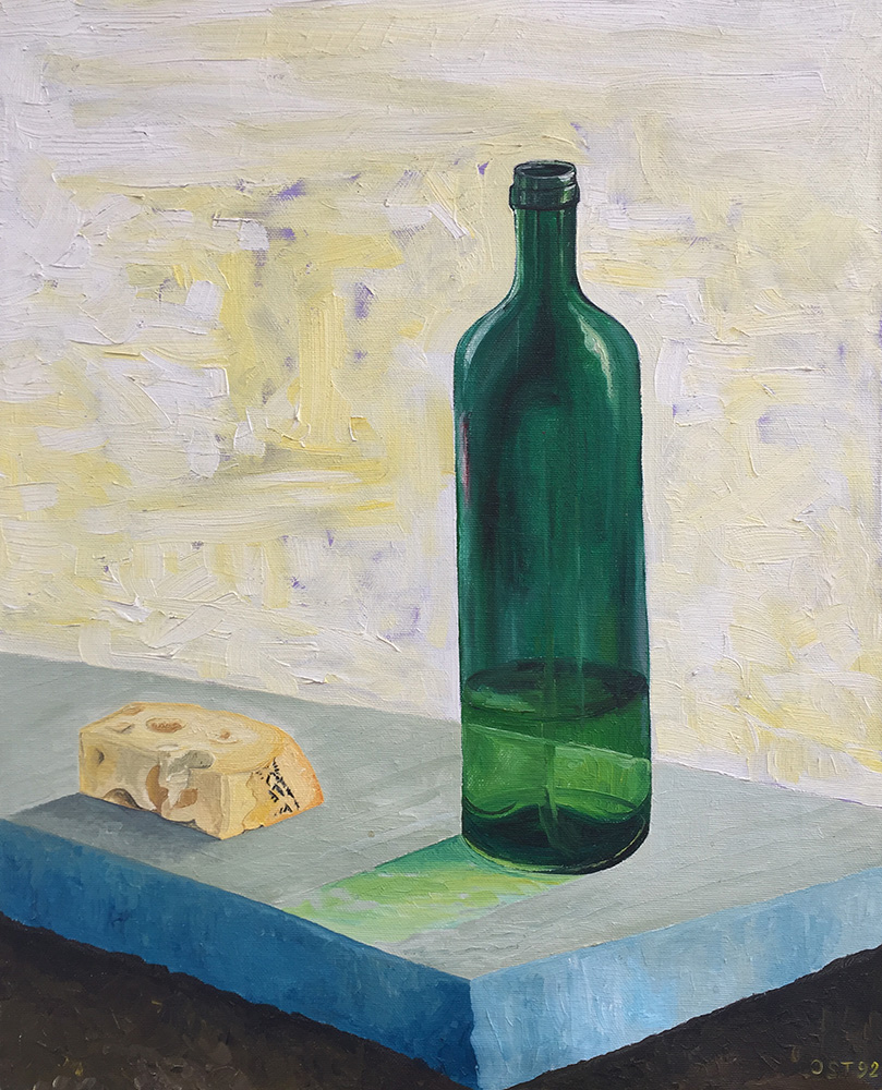 Flasche und Käse - Öl auf Leinwand - 1992